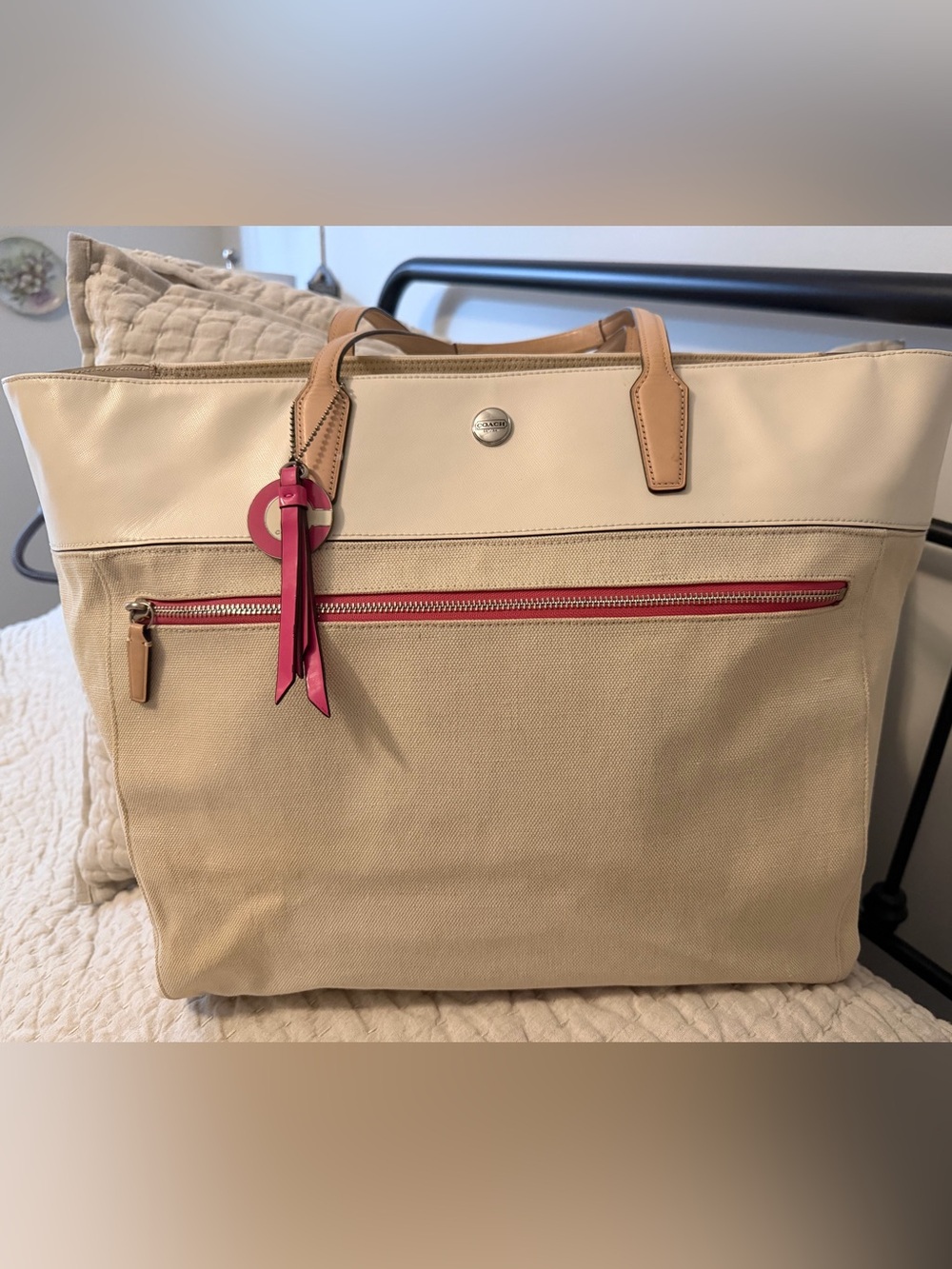 Coach Pink/Beige Canvas Weekender Tote /Tan Leather Straps 20x15